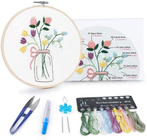 BERYA Flowers Embroidery Kit Including Video Step by Step Instructions Embroidery Hoop,Color Threads and Embroidery Scissors for Beginners-Handmade Needlepoint Kits for Adults by BERYA