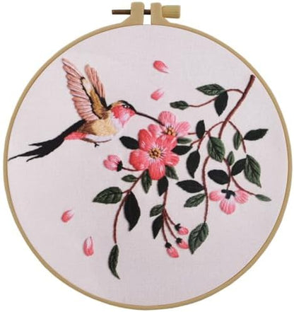 Esffaci Embroidery Starter Kit for Adult Beginner with Hummingbird Flower Pattern Hand Embroidery Set with Cloth Hoop Needle Threader Floss and Instruction by Esffaci