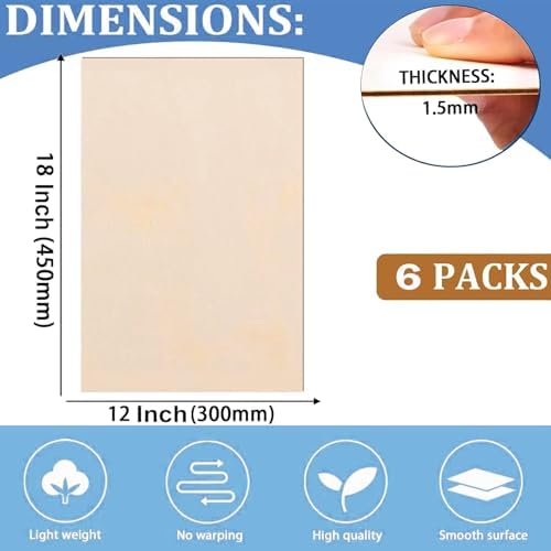 Cassny Unfinished Wood Pieces,6 Pack Basswood Sheets18 x12 x 1/16,Basswood Plywood Wood Sheets for Crafts,Perfect for Painting,Drawing,Laser,Engraving,Burning and CNC Cutting (12x18x1/16) - Image 2