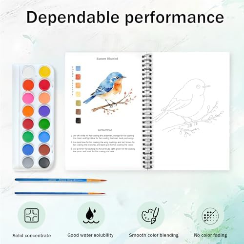 Watercolor Workbooks, 16 Colors Water Color Books Paint Set for Adults, Watercolor Coloring Book for Beginners, Water Color Workbook, 15 Beautiful Paintings for Beginners (Birds) - Image 6