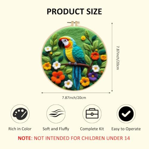 Zovylks Needle Felting Kit for Adults, 7.9 Inch Wool Felt Painting DIY Craft Set for Beginners, Needle Felt Starter Kit with Picture Frame, Foam Pad, Finger Cot (Parrot) - Image 2