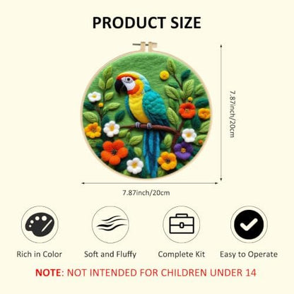 Zovylks Needle Felting Kit for Adults, 7.9 Inch Wool Felt Painting DIY Craft Set for Beginners, Needle Felt Starter Kit with Picture Frame, Foam Pad, Finger Cot (Parrot) - Image 2