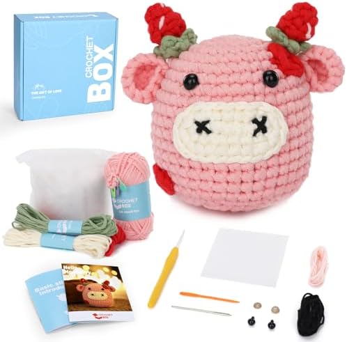 Crochet Kit for Beginners Adults - Cow Starters Crocheting Animal Kits for Teen, DIY Craft Birthday Gift with Crochet Yarns, Hook, Step-by-Step Video, Instruction and Crochet Accessories by CROCHETBOX