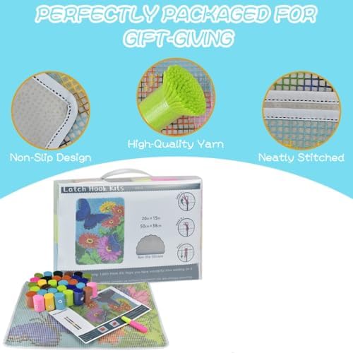 Yjunue Butterfly Floral Latch Hook Kits for Adults, DIY Crochet Yarn Rugs Hooking Craft Kit with Color Preprinted Pattern Design for Adults and Beginners(Butterfly, 20 x 15in) - Image 2