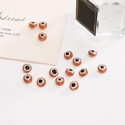 200pcs Flat Round Evil Eye Beads Handmade Resin Lampwork Bead Charms Spacer Beads with Elastic Rope for Bracelets Necklace Jewelry Craft Making (8mm,Coffee) - Image 3