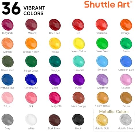 Shuttle Art Acrylic Paint, 36 Colors Acrylic Paint Set with Brushes & Palette, 2oz/60ml Bottles, Rich Pigments Non-toxic for Artists Kids & Adults, Painting on Canvas Rocks Ceramic Wood - Image 3