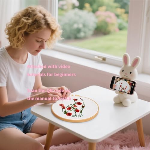Crafmanoe Cat Embroidery Kits for Beginners Adults, Flowers Embroidery Starter Kits, Counted Cross Stitch Kits for Beginners Adults Hobbies Set for Women, Embroidery Hoops, Thread and Video Tutorial - Image 3