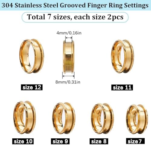 SUNNYCLUE 1 Box 12Pcs Grooved Ring Blanks Cores Golden Stainless Steel Inlay Finger Ring Blanks US Size 7/8/9/10/11/12 Inlay Empty Findings for Men Women Jewelry Making Kits - Image 2