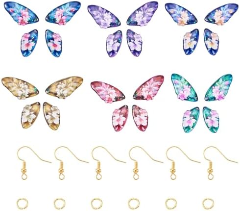 FASHEWELRY 24Pcs Resin Feather Wing Charms Gradient Color Floral Prints Wing Earring Pendants Colorful Butterfly Charms with Gold Foil for Jewelry Making - Earring Hooks & Jump Rings - Image 5