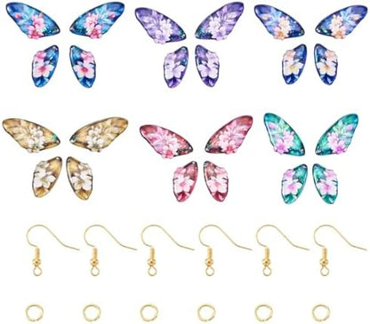 FASHEWELRY 24Pcs Resin Feather Wing Charms Gradient Color Floral Prints Wing Earring Pendants Colorful Butterfly Charms with Gold Foil for Jewelry Making - Earring Hooks & Jump Rings - Image 5
