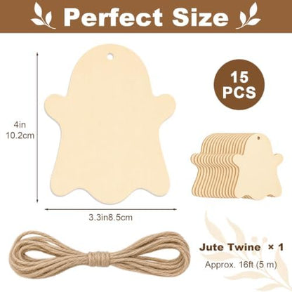 15PCS Ghost Wood Cutouts, 4 Inch Unfinished Wood Ornaments for Crafts - Image 2