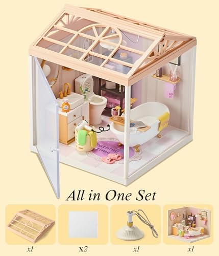 1:24 Scale Tiny House Bathroom DIY Miniature House Kit with Roof & LED Light, Realistic Miniature Kit with Bathtub, Sink & DIY Accessories, Cute Tiny Home Decor for Adults Teens - Image 4