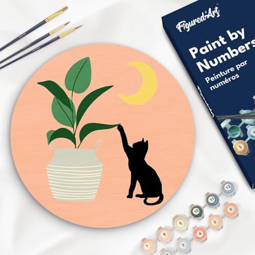 Figured'Art Paint by Numbers Kit for Adults on Wood Slice, 11.8in Diameter - Cat Plays with Plant in The Moonlight - Craft Art Painting DIY Canvas by FiguredArt