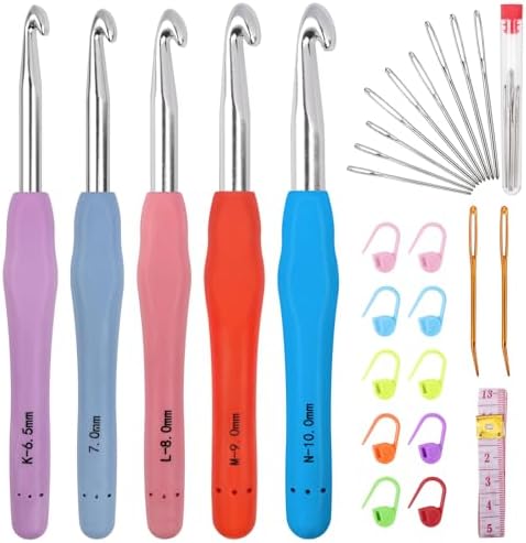 Large Crochet Hooks 5 Sizes Crochet Hook Set, 29 Pack Yarn Needle Kits for Beginners, Knitting Needles with Ergonomic Handles for Arthritic Hands, 6.5mm 7.0mm 8.0mm 9.0mm 10.0mm Crochet Needle Kit by MECHEER