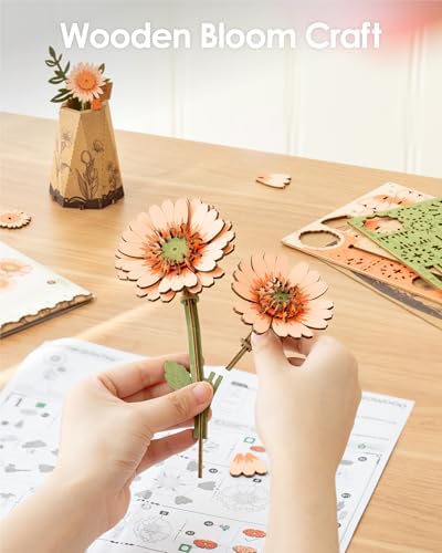 ROBOTIME 3D Puzzle Light Orange Gerbera Daisy TW111, DIY Wooden Flower Craft, Artificial Flowers Model Kit to Assemble for Adults, Home Decoration and Valentine's Day Toy Gift Set - Image 2
