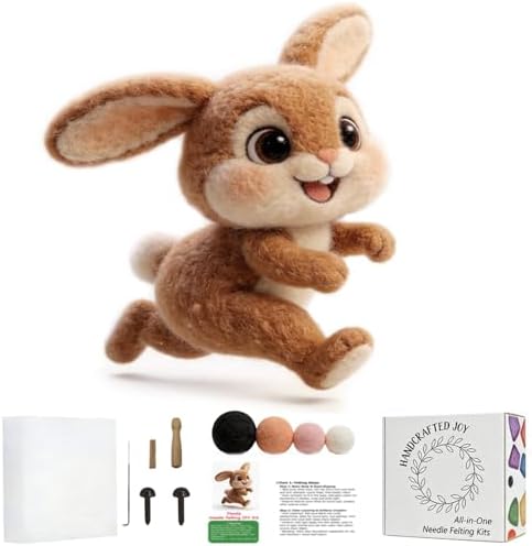 DIY Needle Felting Kit Cute Running Jumping Bunny – Needle Felting Starter Kit with Fiber Roving, Needles, Felting Pad & Instructions | Felted Rabbit Kit for Beginners Adults | DIY Craft Gift by FaceNFace