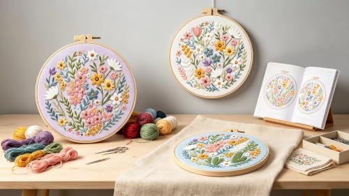 Konrisa Blossoms Embroidery Kit for Adults Beginners, Floral Stamped Embroidery Starter Kit DIY Sewing Practice, Needlepoint Cross Stitch Set of 3 - Image 5