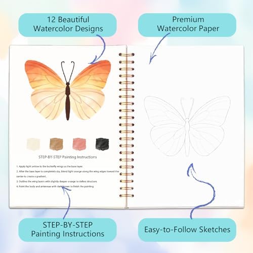 Easy Watercolor Workbook for Beginners - 12 Beautiful Step-by-Step Paintings Water Coloring Book, Includes 16 Colors Paints, Relaxing Art Projects and Creative Gift for Adults & Teen (Butterflies) - Image 3