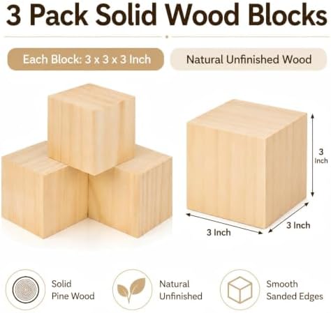 3 Pack Unfinished Wood Blocks, 3 Inch Solid Wood Cubes for Crafts - Image 2