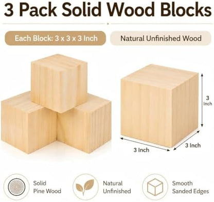 3 Pack Unfinished Wood Blocks, 3 Inch Solid Wood Cubes for Crafts - Image 2