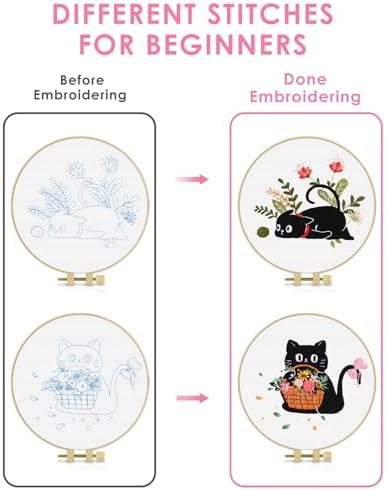 TINDTOP 2 Pack Embroidery Kit for Adult Beginners, Embroidery DIY Starter Kit, with Black Cat and Flowers Stamped Patterns, Hoop, Tools, Colorful Threads with Needles, Instructions - Image 3