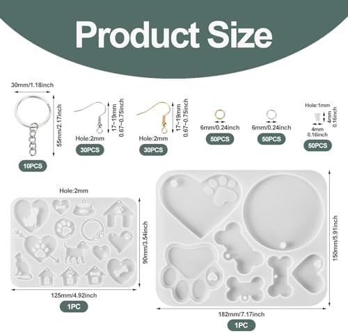 Pet Tag Silicone Mold DIY Earring Resin Molds Dog Cat Heart Resin Casting Molds & 60Pcs Earring Hooks 100Pcs Jump Rings for DIY Keychain Cat Collar Earring Jewelry Making - Image 2