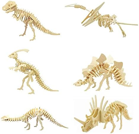 3D Wooden Dinosaur Puzzle - 6 Piece Set Wood Dinosaur Skeleton Model Puzzle - DIY Wooden Crafts 3D Puzzle - STEM Brain Teaser Puzzle Gifts by i-CHONY