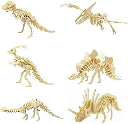 3D Wooden Dinosaur Puzzle - 6 Piece Set Wood Dinosaur Skeleton Model Puzzle - DIY Wooden Crafts 3D Puzzle - STEM Brain Teaser Puzzle Gifts by i-CHONY