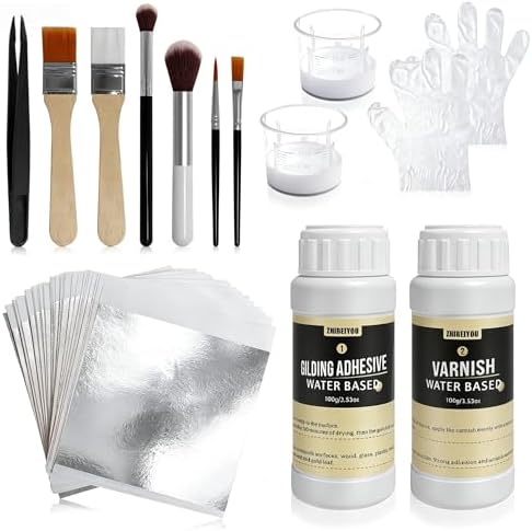 100 Pieces Silver Leaf Sheets, Complete Gilding Adhesive Kit for Leaf by ZHIBEIYOU