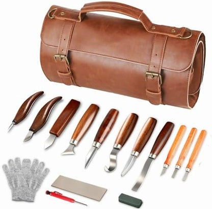 Wood Carving Tools Whittling Kit For Woodworking Hobby Wooden Carving Knife Sets For Beginners with Leather Storage Bag DIY Art Craft Gift by SEYHAKI