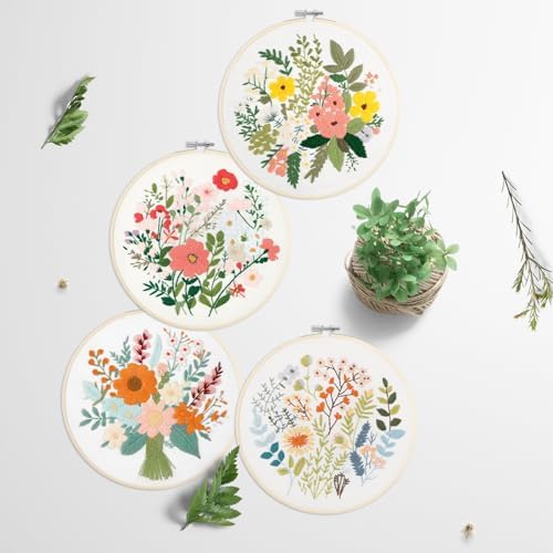 SevFan 4 Sets Embroidery Kit for Beginners Adults,Needlepoint Kits for Adults with Easy Stamped Floral Pattern Fabric Hand Crafts,Bamboo Hoop,Needle,Cloth,Embroidery Kit for Decor Home Room(Flower-8) - Image 4