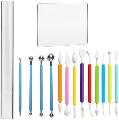 Basic Polymer Clay Tools, Clay Sculpting Tools Acrylic Roller Pin, Clear Rectangle Sheet Press Board, Double-Ended Pottery Carving Set for Beginner (15) by WOLWEFA