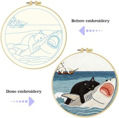 Black Cat Riding a Shark and a Sailboat Stamped Pattern Embroidery Kit for Beginners Adults Includes Cloth,Hoop,Color Threads,Needles and Instruction,Lover Hand Stitch with Embroidery Skill Techniques - Image 4