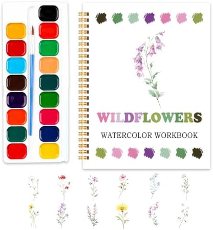 Easy Wildflowers Watercolor Workbook for Beginners, Water Coloring Book, 18 Colors Watercolors Paint Set, 12 Patterns Watercolor Kit, Stress Relief Gifts for Women Adults Teen by SHLINCO