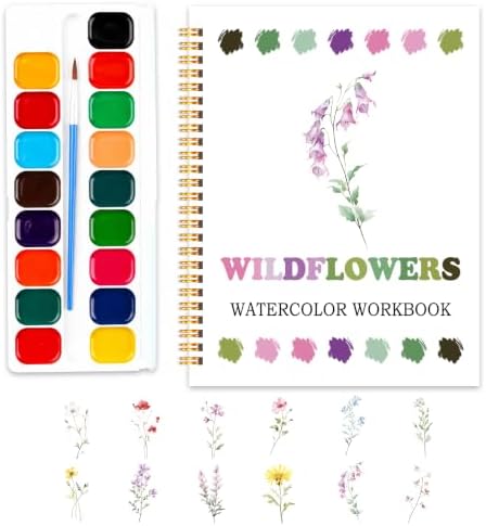 Easy Wildflowers Watercolor Workbook for Beginners, Water Coloring Book, 18 Colors Watercolors Paint Set, 12 Patterns Watercolor Kit, Stress Relief Gifts for Women Adults Teen by SHLINCO
