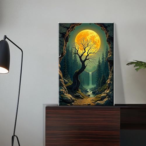 JOOZ Paint by Numbers Kit for Adults with Frame Moon Paint by Number with Easel Tree Adult Paint by Number Kits Framed Canvas Mountain Waterfall Oil Painting Kits for Gift Home Wall Decor 8x12 Inch - Image 3