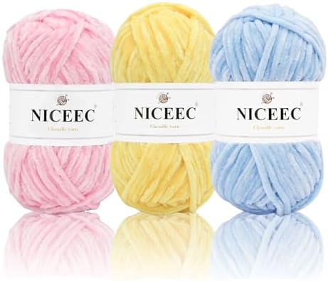 NICEEC 3 Skeins Soft Chenille Yarn 3x85m(3x93yds,3x50g)_Pink-Yellow-Blue by NICEEC