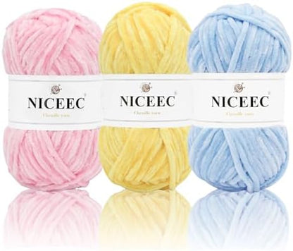 NICEEC 3 Skeins Soft Chenille Yarn 3x85m(3x93yds,3x50g)_Pink-Yellow-Blue by NICEEC