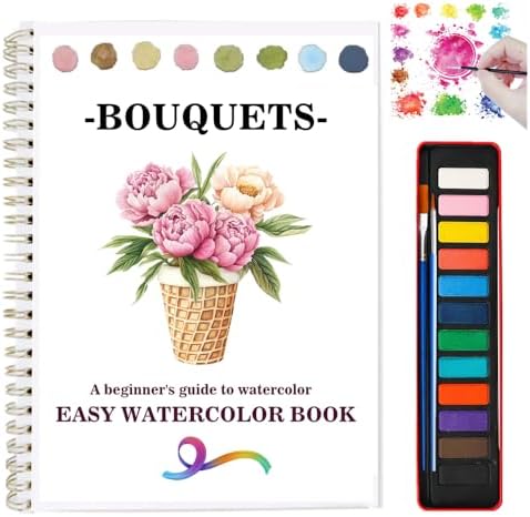 Watercolor Workbooks Coloring Book Beginner Friendly Painting Kit Easy Nature Scenes Paint Set Art Crafts for Creative Exploration Gift for Adults (Bouquets, with Palette) by Unknown