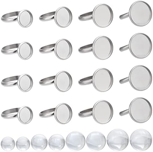 SUNNYCLUE 40Sets 80Pcs Cabochon Ring Blanks Glass Cabochons Ring Base Stainless Steel Rings Bezel Flat Round Tray Adjustable Finger Rings Findings for Women DIY Silver Color Ring Making Kits Supplies by SUNNYCLUE