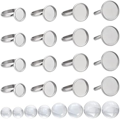 SUNNYCLUE 40Sets 80Pcs Cabochon Ring Blanks Glass Cabochons Ring Base Stainless Steel Rings Bezel Flat Round Tray Adjustable Finger Rings Findings for Women DIY Silver Color Ring Making Kits Supplies by SUNNYCLUE