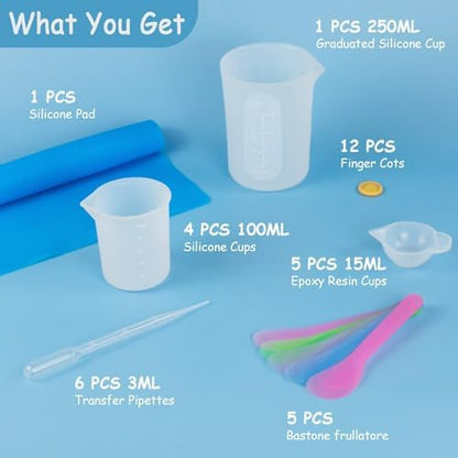 Creahaus Silicone Measuring Cups Tool Kit for Resin, Non-Stick 250 & 100ml Epoxy Mixing Cups, Reusable Resin Supplies with Silicone Mat, Stir Sticks, Pipettes, Cups for Molds, Jewelry Making - Image 2