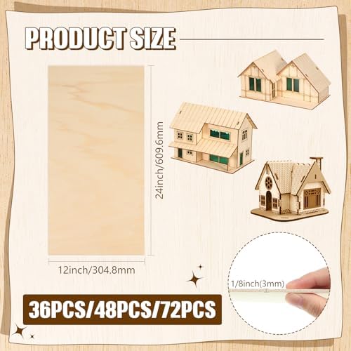 Riakrum Basswood Sheets Plywood Board Unfinished Wood Boards for Crafts for DIY Laser Projects Architectural Mini House Building Hobby Model Making (12 x 24 x 1/8 Inch,72) - Image 3