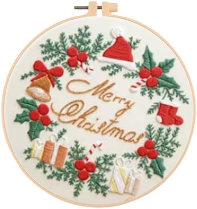 Huacan Embroidery Kits for Adults Beginner DIY Cross Stitch Stamped Christmas Pattern Stitching Wreath Sewing Kit 1 Piece 7.8 x 7.8 Inch by Home