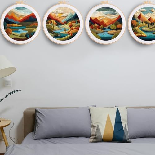 FONNUY Embroidery Kit for Beginners, Brightly Colored Landscape Lake Pre-Stamped Pattern Kits for Adults with Hoop, Easy to Follow Color Thread Needlework, 8'' Hoop (Lightblue) - Image 6