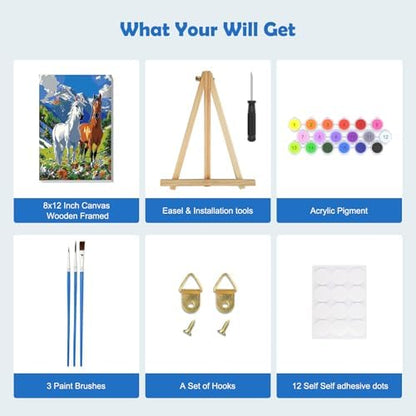 MOGTAA Paint by Numbers Kit for Adults with Frame, Horse Paint by Number Canvas, Mountains Paint by Numbers with Easel, DIY Flowers Scenery Oil Painting Kit for Home Wall Decor 8 x 12 Inch - Image 5