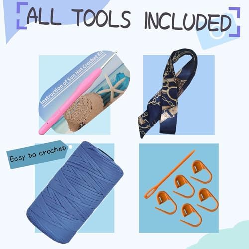 SHENJILL Crochet Kit for Beginners with Crochet Yarn Women Sun Straw Hat Beginner Knitting Kit for Adults Easy Starter Yarn Kits for Crocheting Easy-to-Follow Instructions (Grey Blue) - Image 2