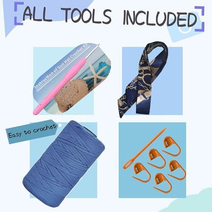 SHENJILL Crochet Kit for Beginners with Crochet Yarn Women Sun Straw Hat Beginner Knitting Kit for Adults Easy Starter Yarn Kits for Crocheting Easy-to-Follow Instructions (Grey Blue) - Image 2