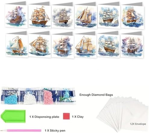jinglinhh 12pcs Diamond Art Painting Sea Sailing Boat Greeting Cards with Envelopes, DIY Card Making Kits for Adults, Diamond Art Christmas Cards for Birthday Holiday Gifts - Image 3