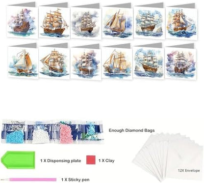 12 Pack Diamond Painting Greeting Cards Kit with Envelopes, 5D DIY Sailing Ship Nautical Ocean Diamond Art Cards, Fathers Day Birthday Cards for Men Him Dad Adults - Image 5